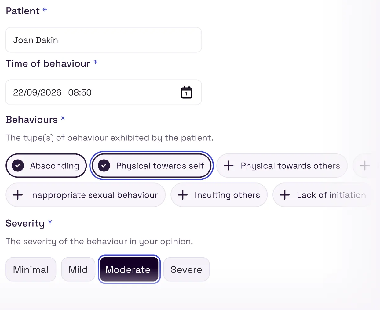 Recording a behaviour in Melo: patient, time, behaviour type and severity