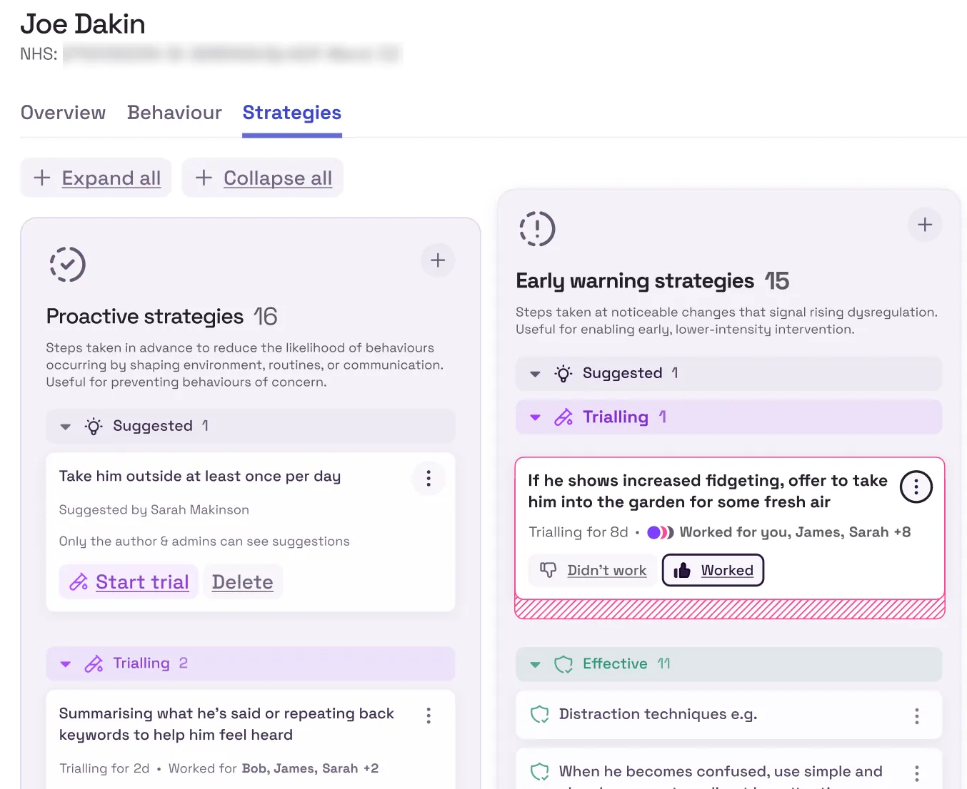 A patient's strategies page, with a trialled early warning strategy being marked as worked